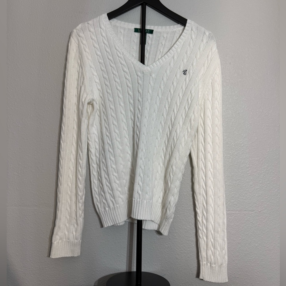 Polo Ralph Lauren Cable Knit V Neck Sweater White Women’s Size L - Picture 3 of 8